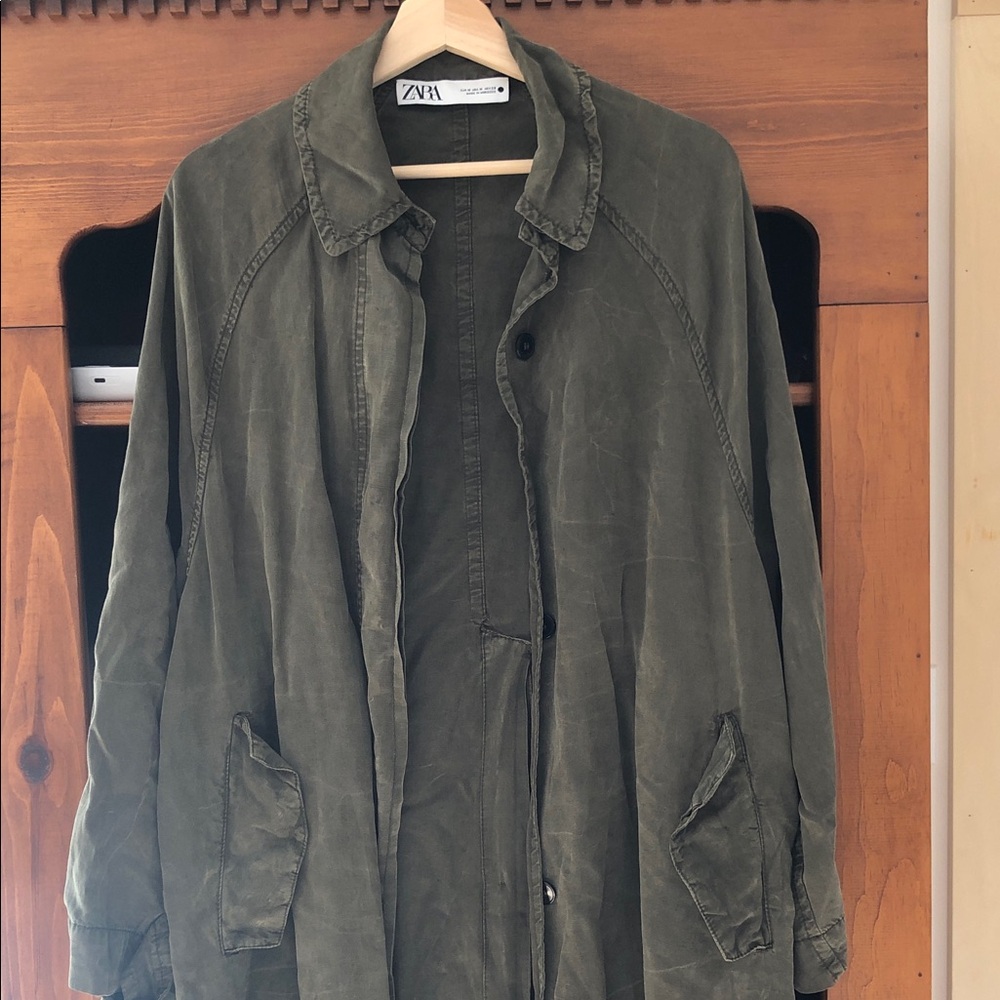 Zara Khaki Green Lyocell and Linen Trench Coat